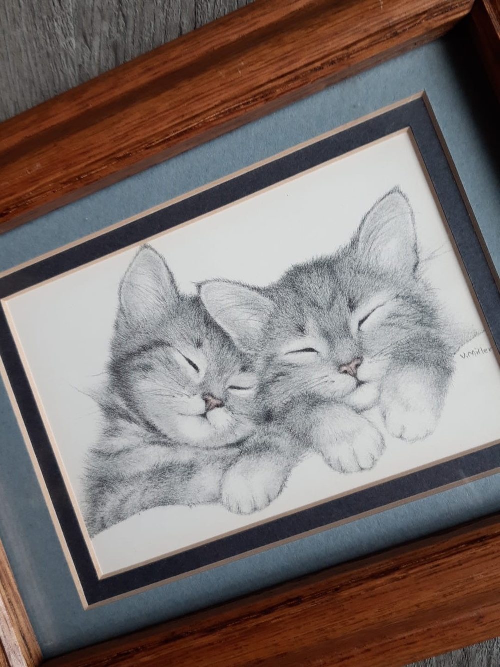 Vintage Wooden Frame with Pencil Portrait of Two Sleeping Kittens by V. Miller